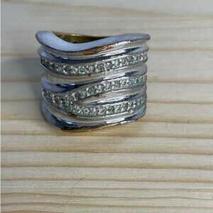 Lia Sophia Signed Silver Tone Rhinestone Wide Ring